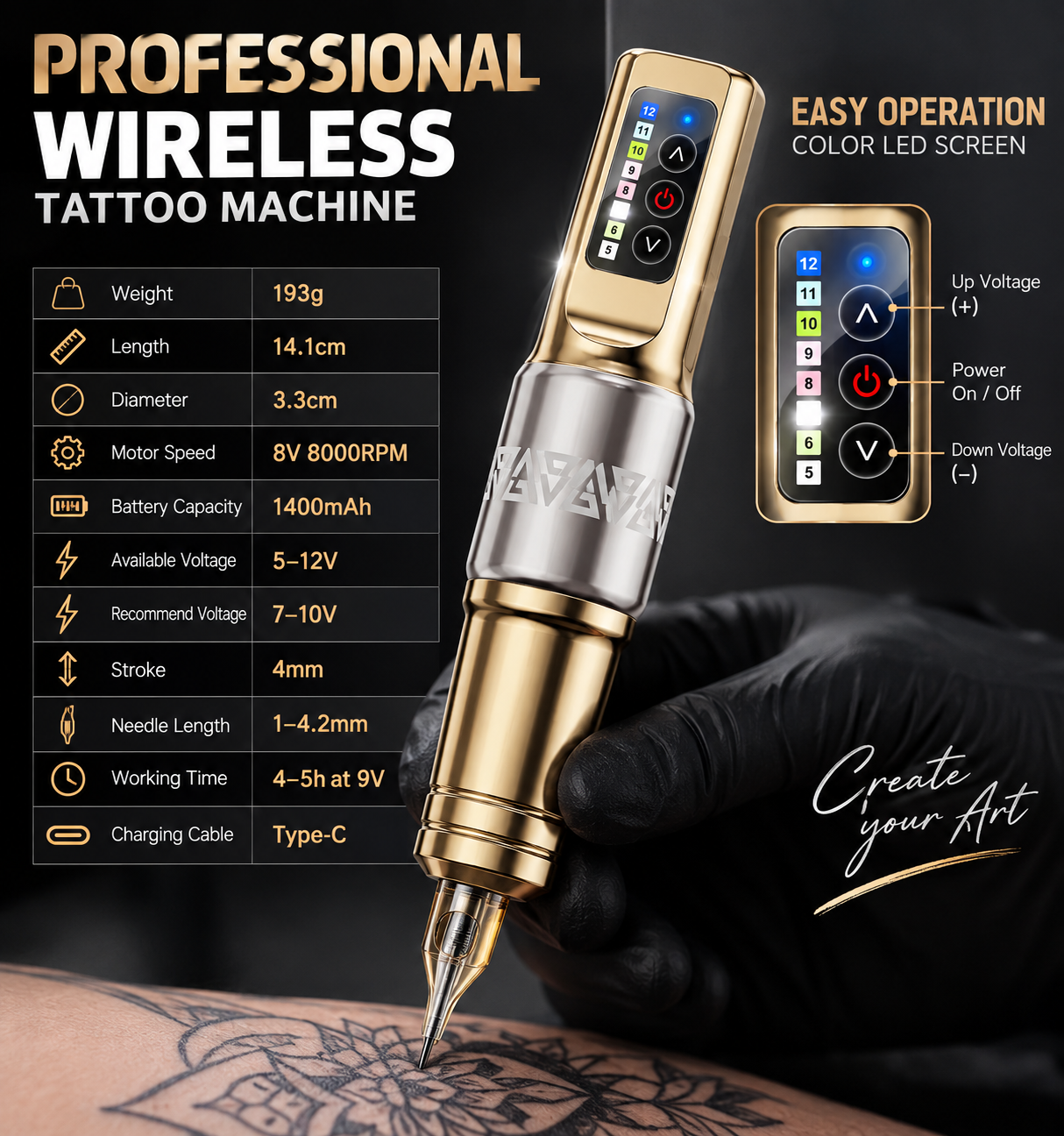 Wireless Tattoo Machine  Rechargeable Tattoo Machine 5-12V Adjustable Speed Type-C Charging Tattoo Pen for Beginners and Artists