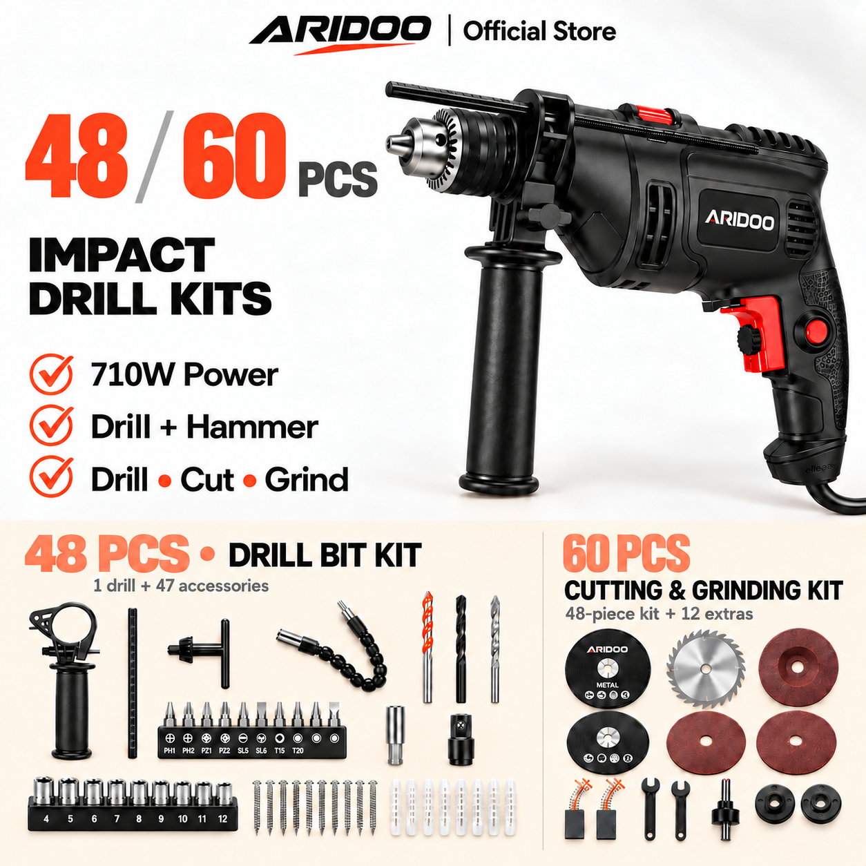 710W Impact Drill Machine ,Hammer Drill With Drill Bit Set For Wall, Wood & Metal,Electric Drill,Concrete,Power Tool