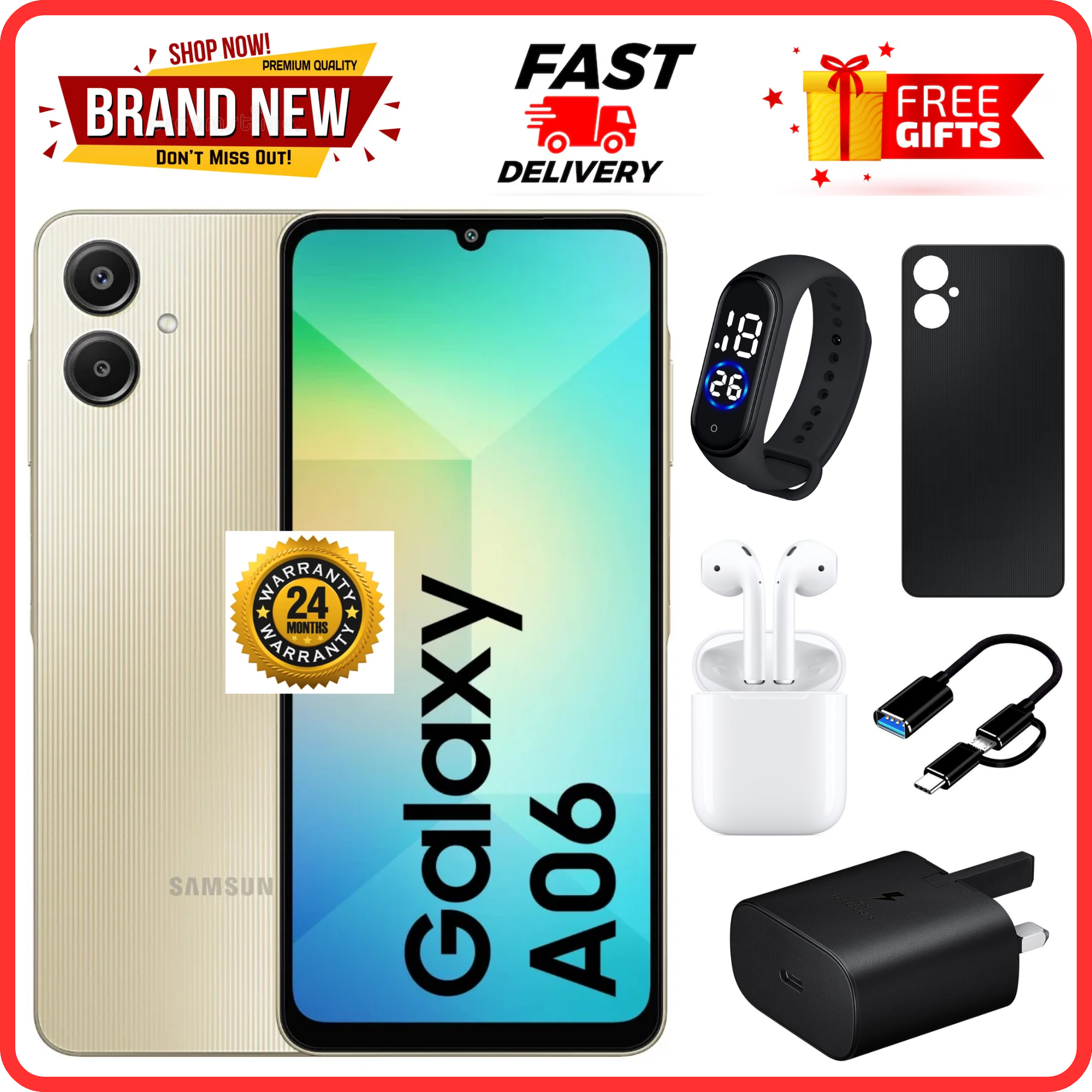 {ANNIVESARY SALES OFFERS}🔥🔥🔥  BRAND NEW  SAMSUNG A06 6.7 DISPLAY 4GB RAM + 64GB/128GB ROM 5000MAH SMARTPHONE DUAL SIM COMES WITH FREE GIFTS ( AIRPODS + SMART WATCH+ POWER BANK)