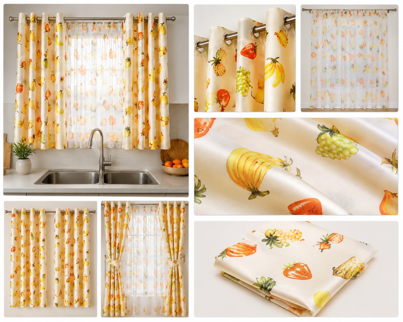 2pcs of Beige Curtain with Fruits Pattern And Sheers For Window And Door Sitting Room Bedroom And Balcony