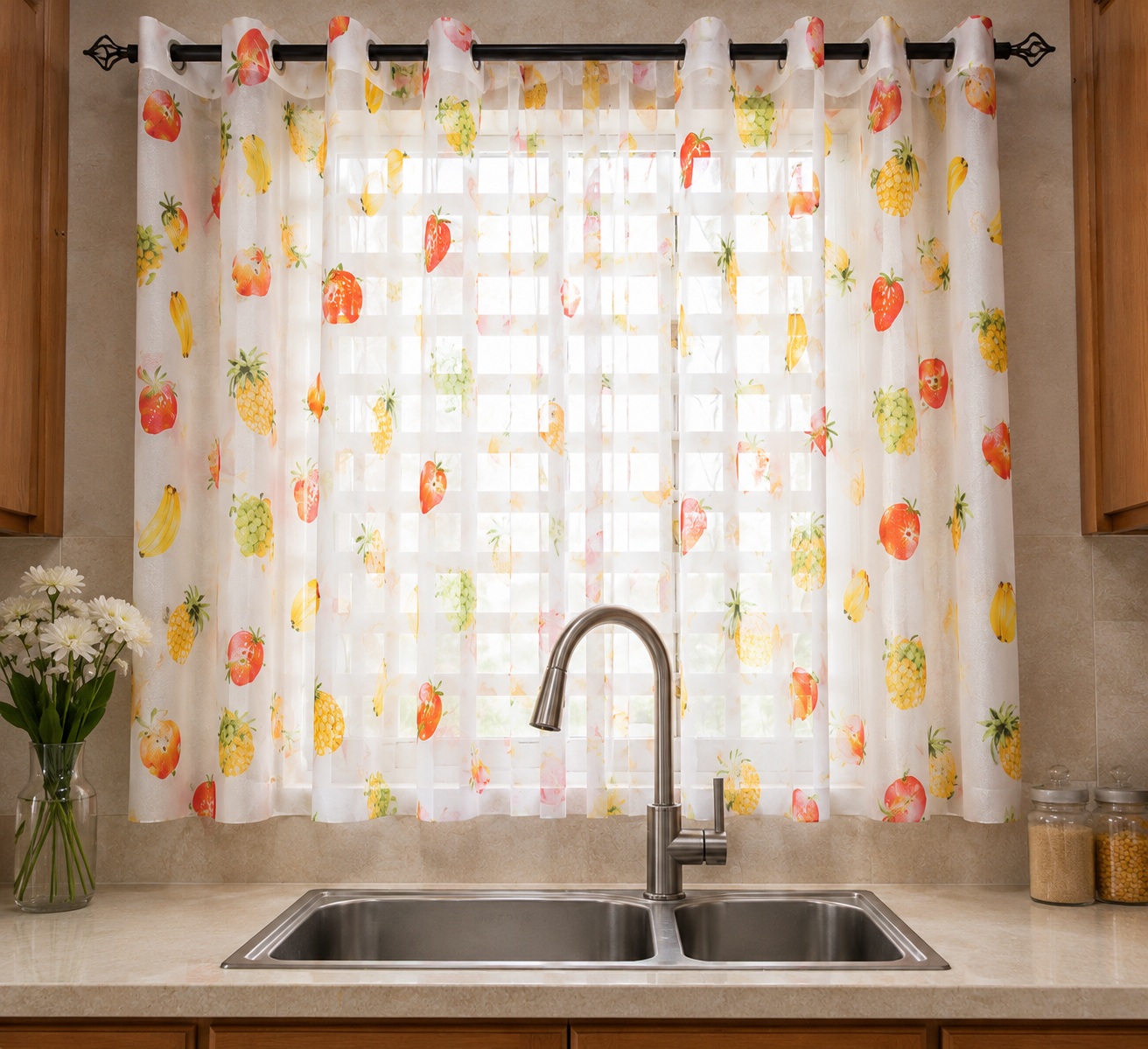 2pcs of Beige Curtain with Fruits Pattern And Sheers For Window And Door Sitting Room Bedroom And Balcony