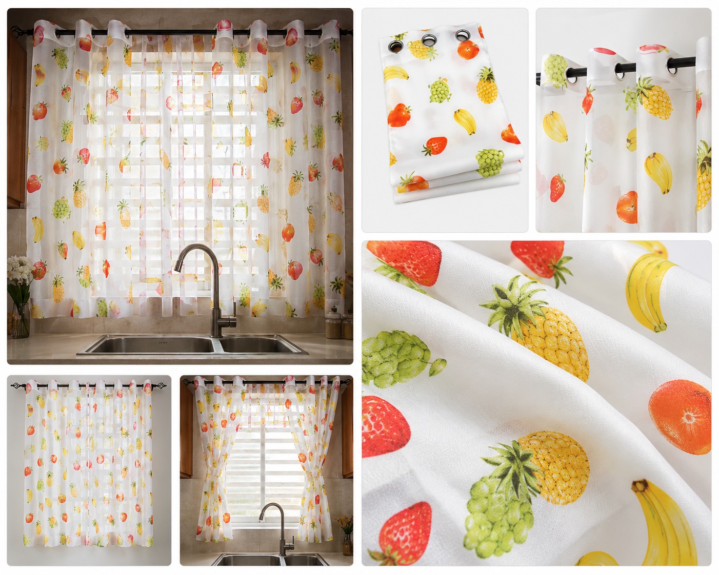 2pcs of Beige Curtain with Fruits Pattern And Sheers For Window And Door Sitting Room Bedroom And Balcony