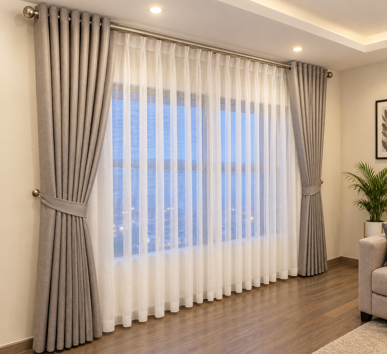 2Pcs×4M Superb Quality Heavy Fabric Light Grey Curtains With a Free 6M Cream white Sheer With Rod Pocket Header For Home Window and Door. Curtains Come with Eyelet Header and a height of 2.25m