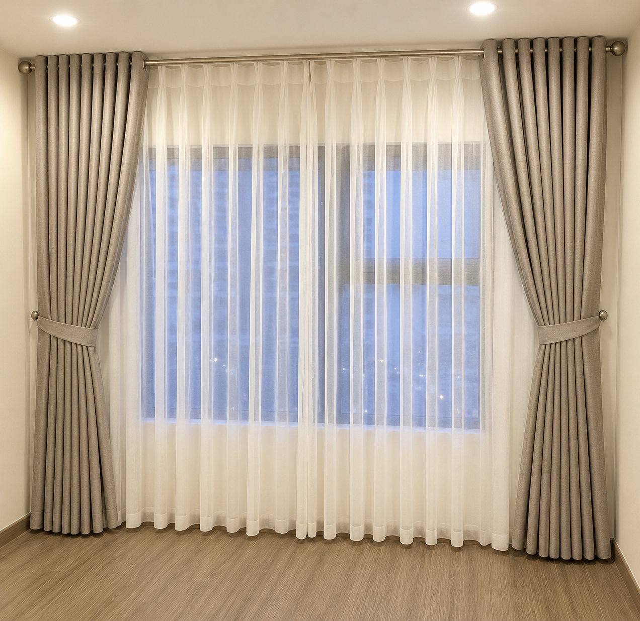 2Pcs×4M Superb Quality Heavy Fabric Light Grey Curtains With a Free 6M Cream white Sheer With Rod Pocket Header For Home Window and Door. Curtains Come with Eyelet Header and a height of 2.25m