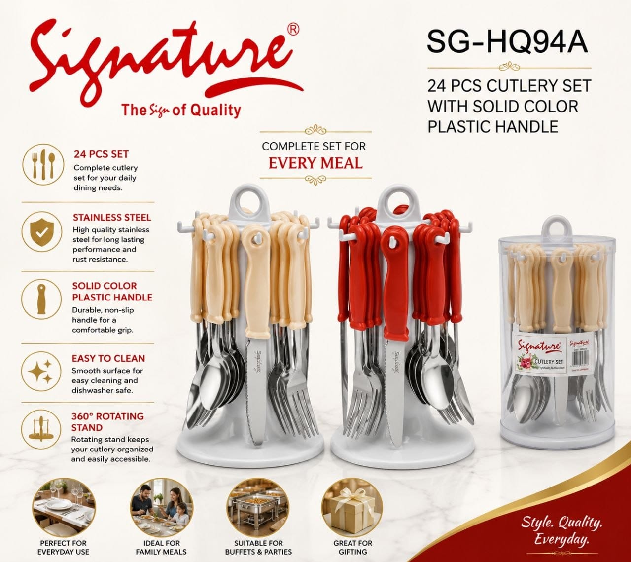 Signature 25pcs Cutlery Set
Upgrade your dining experience with this elegant Signature 25-Piece Cutlery Set — a perfect blend of style, durability, and convenience.

✅Set Includes:

✅6 × Dinner Knives