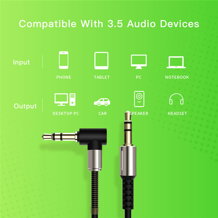 3.5 Audio Cable Car Aux Cord Headphones Car Jack L Shape Elbow 90 degree spring 1M