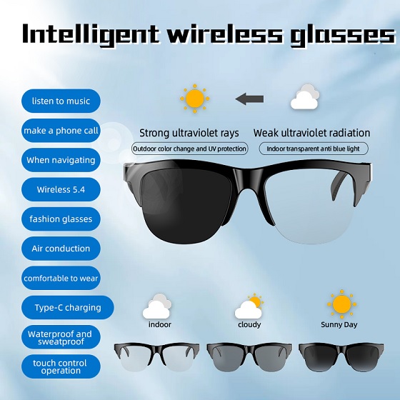 SMART BLUTOOTH  Wireless Headset LED Indicator Mic Noise Reduction Sunglasses for Driving Cycling Sports Speaker-Smart Glasses