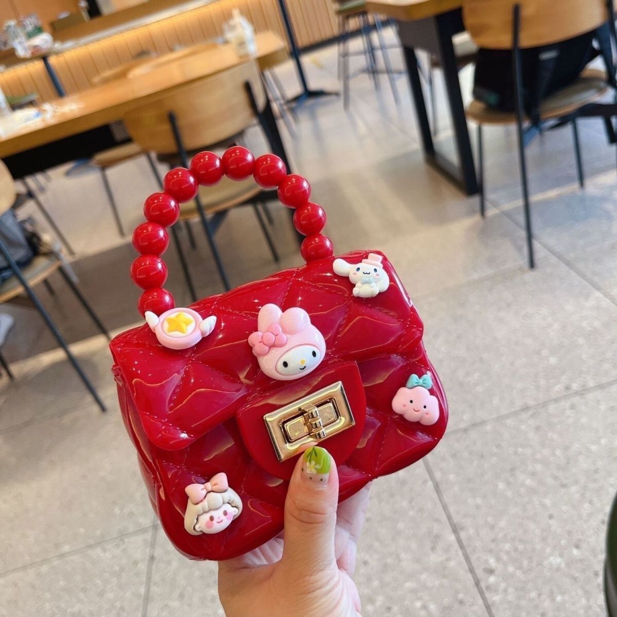 Fashion Girls Cute Cartoon Jelly Bag for Kids Girls, Mini PVC Square Bag with Rhombus Chain & Pearl Handle, Portable Crossbody Girls Shoulder Bag