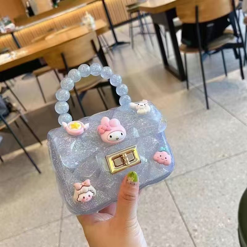 Fashion Girls Cute Cartoon Jelly Bag for Kids Girls, Mini PVC Square Bag with Rhombus Chain & Pearl Handle, Portable Crossbody Girls Shoulder Bag