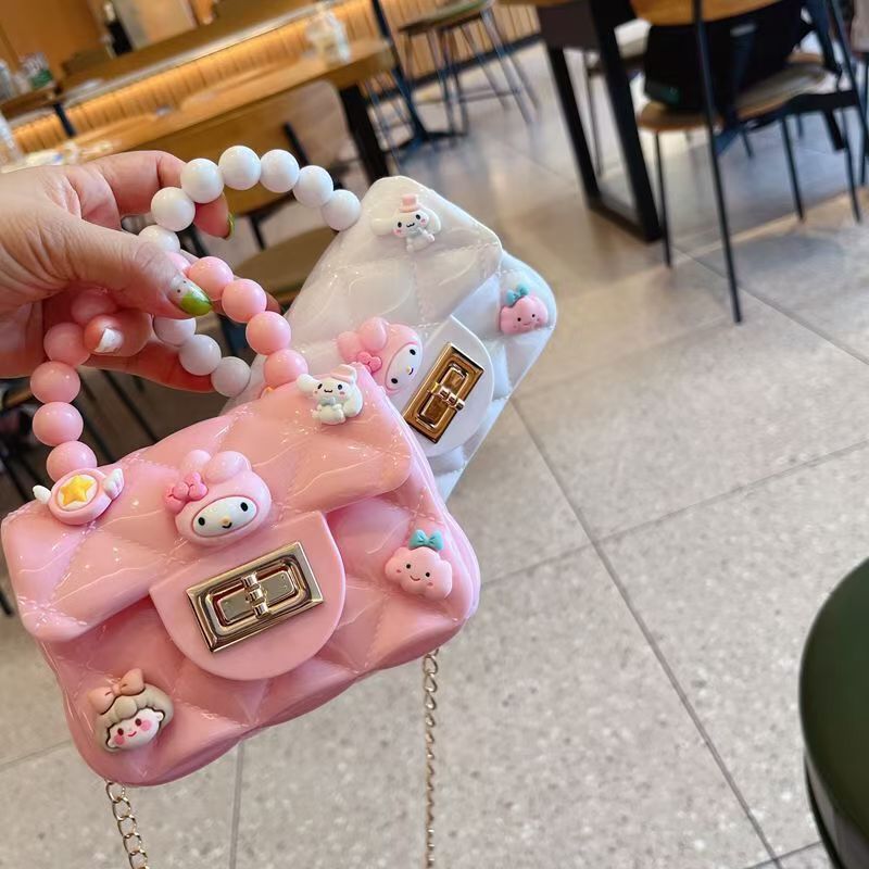 Fashion Girls Cute Cartoon Jelly Bag for Kids Girls, Mini PVC Square Bag with Rhombus Chain & Pearl Handle, Portable Crossbody Girls Shoulder Bag