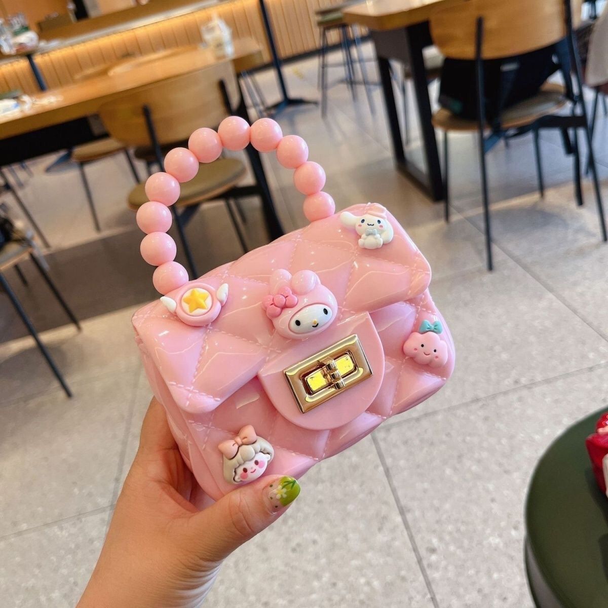 Fashion Girls Cute Cartoon Jelly Bag for Kids Girls, Mini PVC Square Bag with Rhombus Chain & Pearl Handle, Portable Crossbody Girls Shoulder Bag