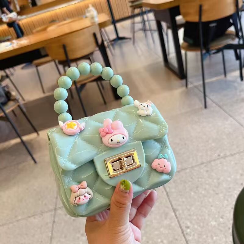 Fashion Girls Cute Cartoon Jelly Bag for Kids Girls, Mini PVC Square Bag with Rhombus Chain & Pearl Handle, Portable Crossbody Girls Shoulder Bag