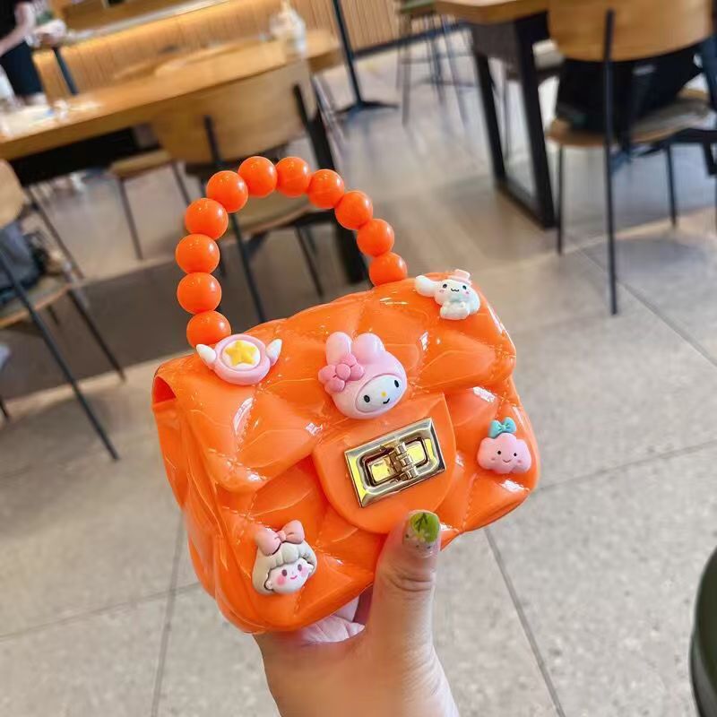 Fashion Girls Cute Cartoon Jelly Bag for Kids Girls, Mini PVC Square Bag with Rhombus Chain & Pearl Handle, Portable Crossbody Girls Shoulder Bag