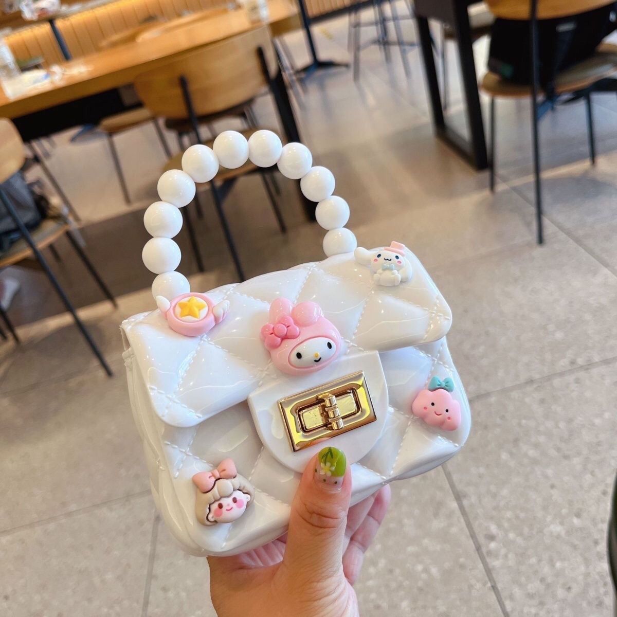 Fashion Girls Cute Cartoon Jelly Bag for Kids Girls, Mini PVC Square Bag with Rhombus Chain & Pearl Handle, Portable Crossbody Girls Shoulder Bag