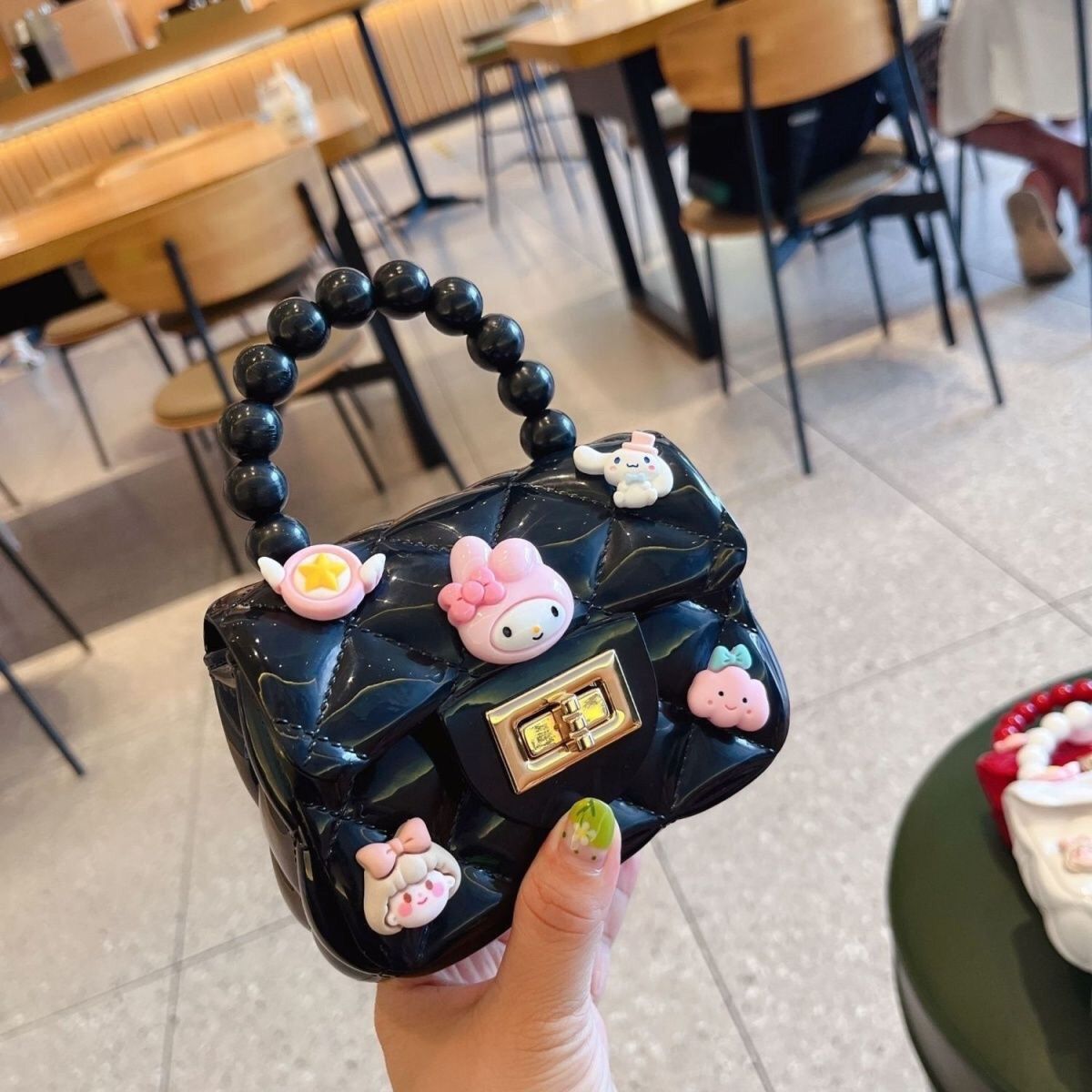 Fashion Girls Cute Cartoon Jelly Bag for Kids Girls, Mini PVC Square Bag with Rhombus Chain & Pearl Handle, Portable Crossbody Girls Shoulder Bag