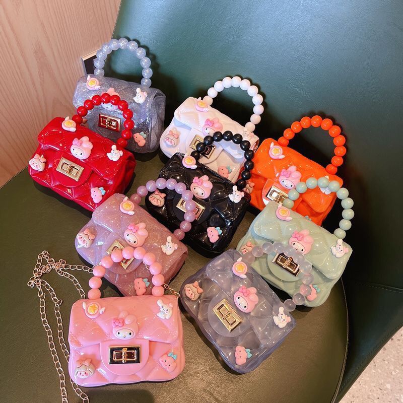 Fashion Girls Cute Cartoon Jelly Bag for Kids Girls, Mini PVC Square Bag with Rhombus Chain & Pearl Handle, Portable Crossbody Girls Shoulder Bag