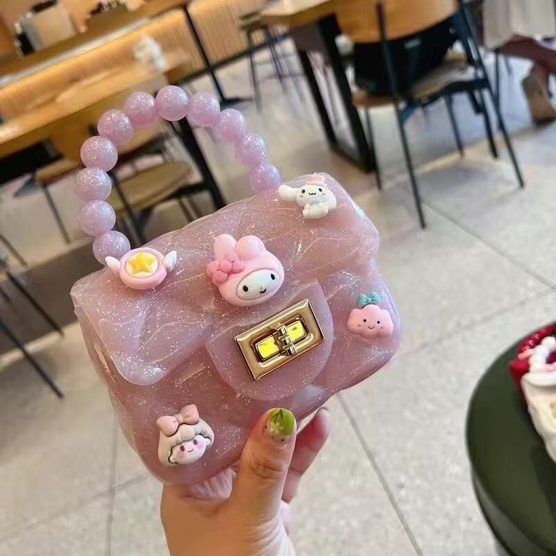 Fashion Girls Cute Cartoon Jelly Bag for Kids Girls, Mini PVC Square Bag with Rhombus Chain & Pearl Handle, Portable Crossbody Girls Shoulder Bag