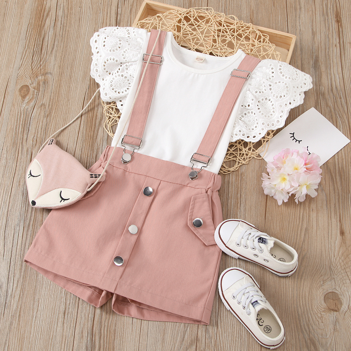 New Arrival Girls Dresses suit Summer Solid Lace Hollow Out Fly Sleeve Round Neck Top + Detachable Suspenders Shorts Skirt Set Kids Casual Outfit