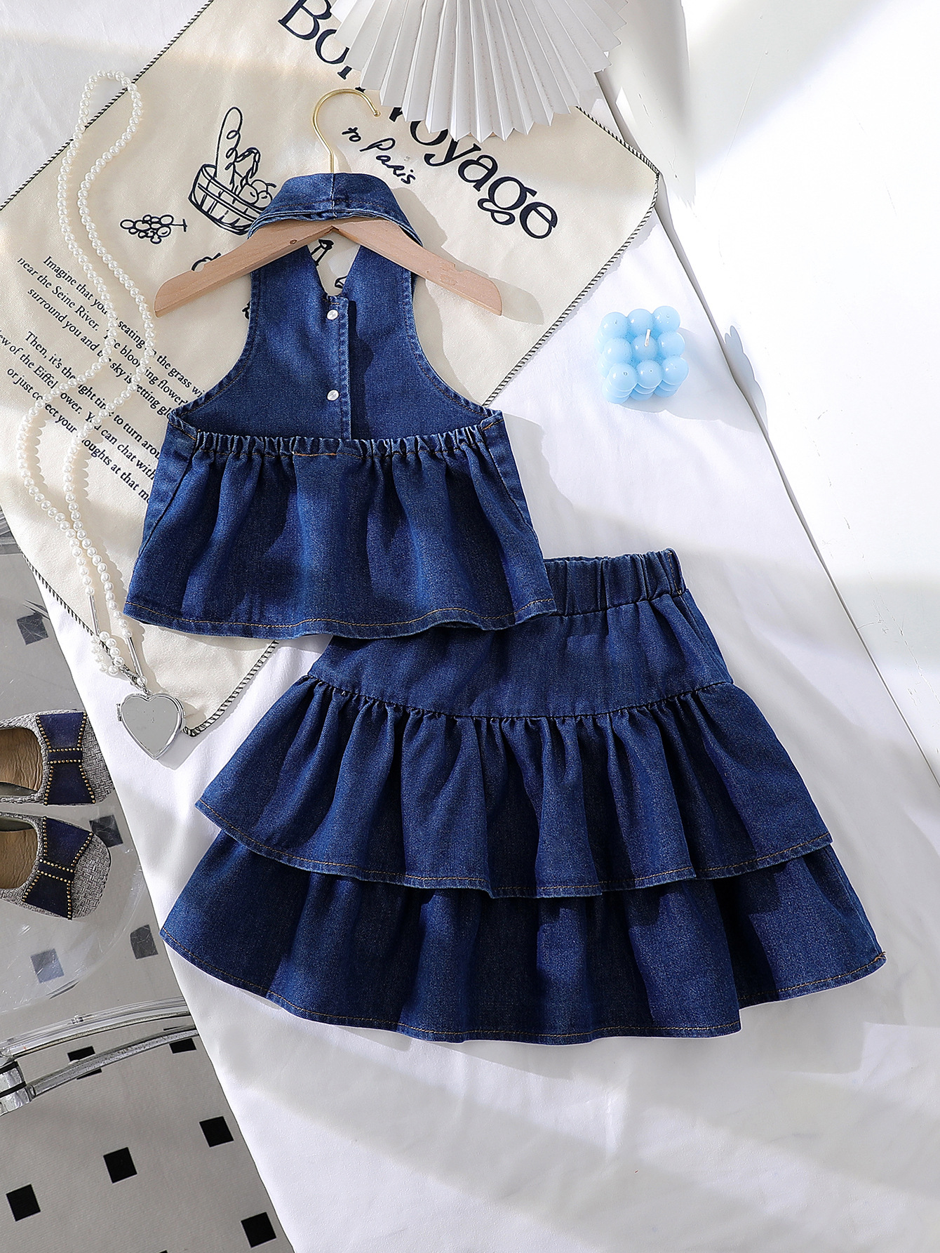 Girls Denim Vest + Skirt 2 Piece Set  Fashion Halter Neck Lapel Jean Vest with Bow Knot High Waist Short Skirt Outfit for Kids Casual Party Summer Girls Clothing Sets