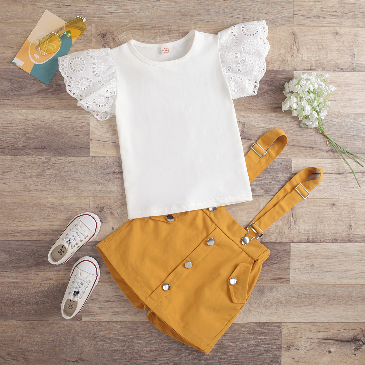 New Arrival Girls Dresses suit Summer Solid Lace Hollow Out Fly Sleeve Round Neck Top + Detachable Suspenders Shorts Skirt Set Kids Casual Outfit
