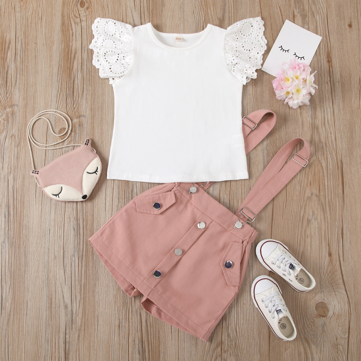 New Arrival Girls Dresses suit Summer Solid Lace Hollow Out Fly Sleeve Round Neck Top + Detachable Suspenders Shorts Skirt Set Kids Casual Outfit