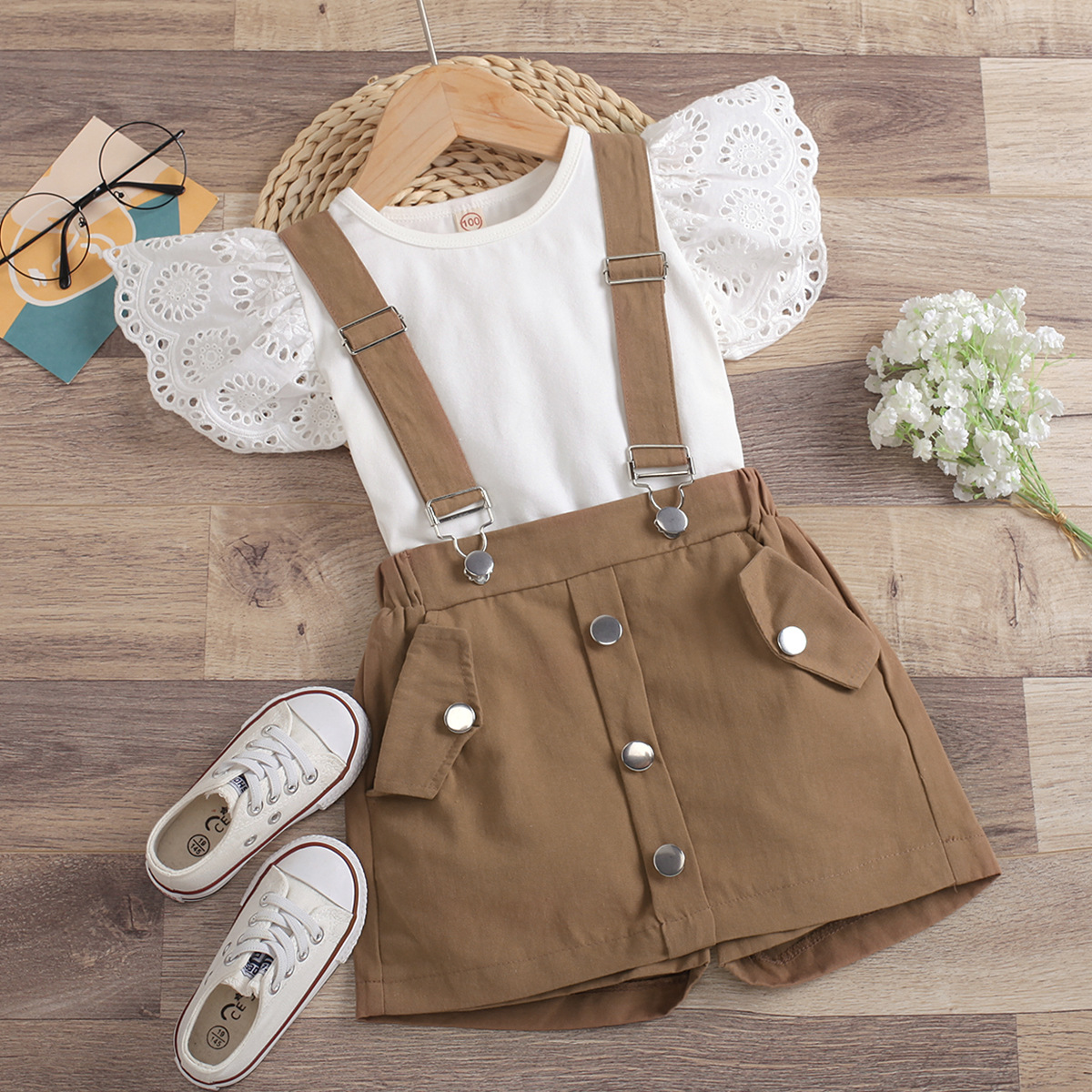 New Arrival Girls Dresses suit Summer Solid Lace Hollow Out Fly Sleeve Round Neck Top + Detachable Suspenders Shorts Skirt Set Kids Casual Outfit