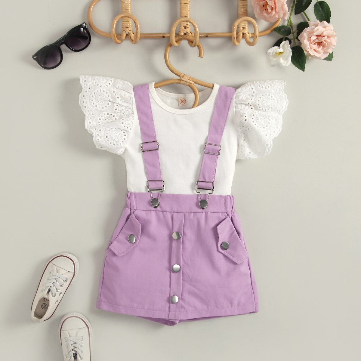 New Arrival Girls Dresses suit Summer Solid Lace Hollow Out Fly Sleeve Round Neck Top + Detachable Suspenders Shorts Skirt Set Kids Casual Outfit