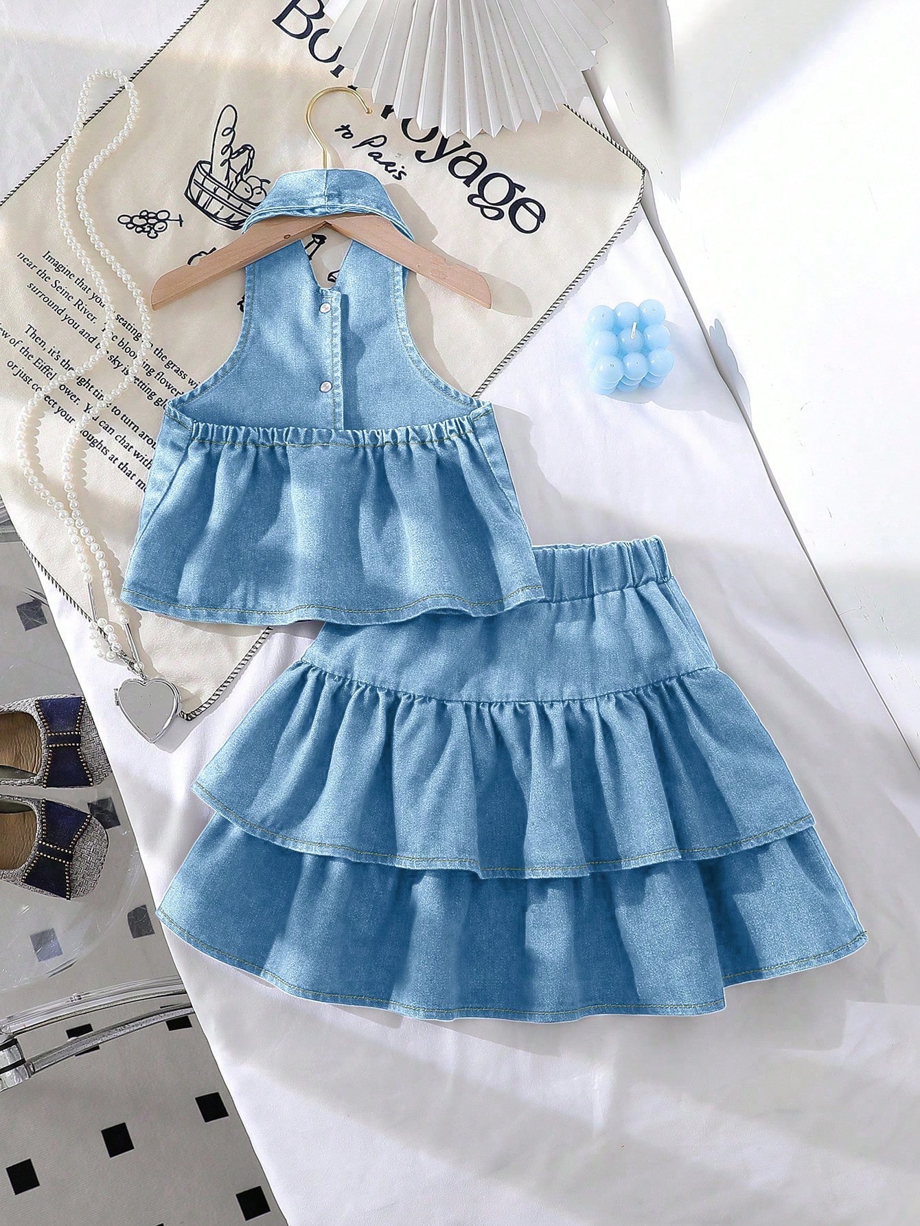 Girls Denim Vest + Skirt 2 Piece Set  Fashion Halter Neck Lapel Jean Vest with Bow Knot High Waist Short Skirt Outfit for Kids Casual Party Summer Girls Clothing Sets