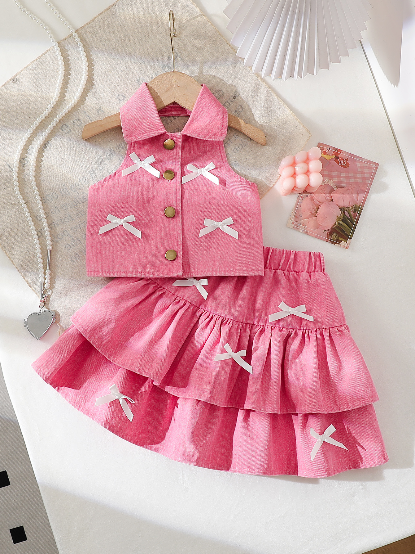 Girls Denim Vest + Skirt 2 Piece Set  Fashion Halter Neck Lapel Jean Vest with Bow Knot High Waist Short Skirt Outfit for Kids Casual Party Summer Girls Clothing Sets