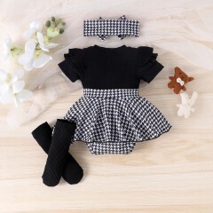 European and American Autumn Baby Clothing Sets  Girl's Flying Sleeves short Sleeves Hoodies Skirts Socks Headband Three piece set