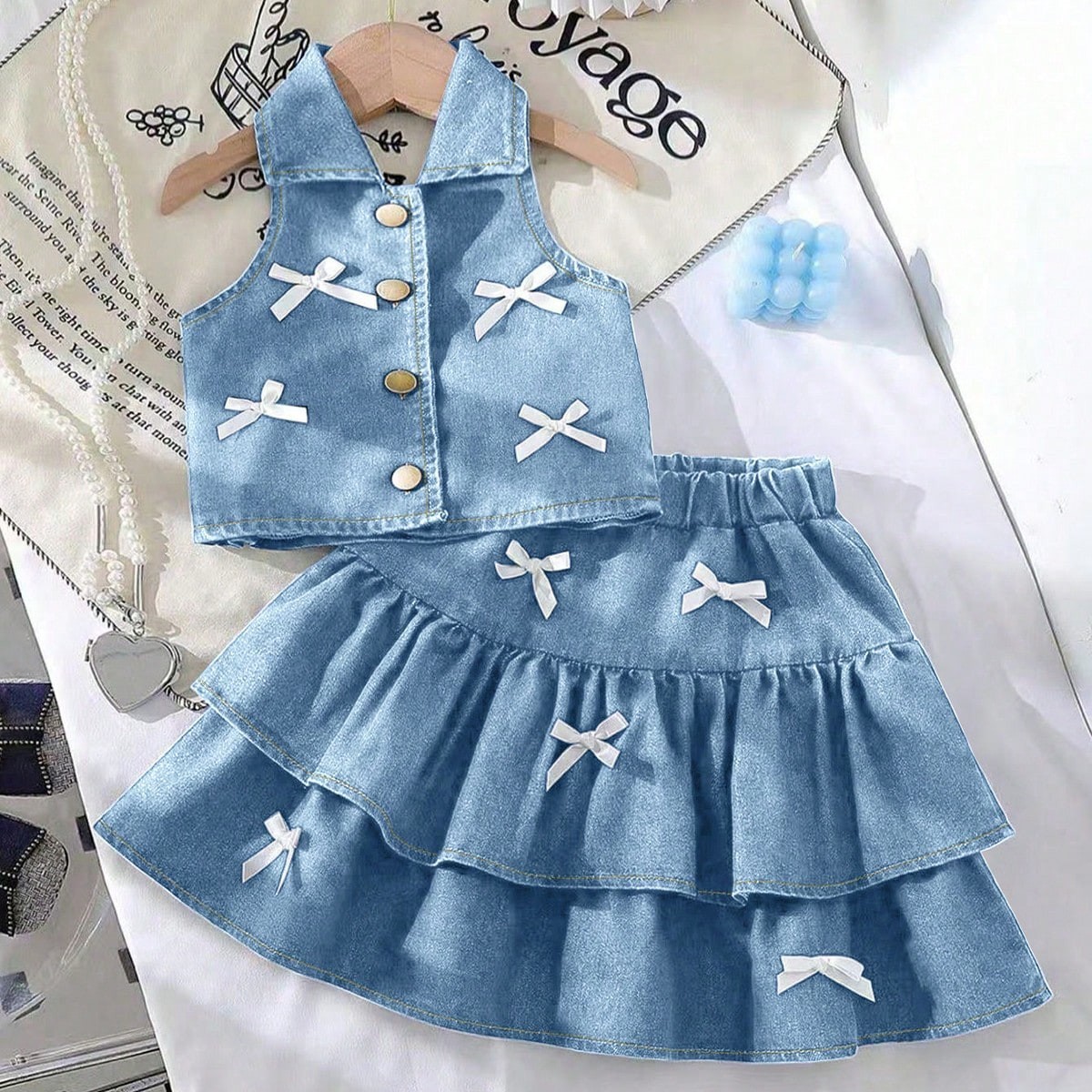 Girls Denim Vest + Skirt 2 Piece Set  Fashion Halter Neck Lapel Jean Vest with Bow Knot High Waist Short Skirt Outfit for Kids Casual Party Summer Girls Clothing Sets