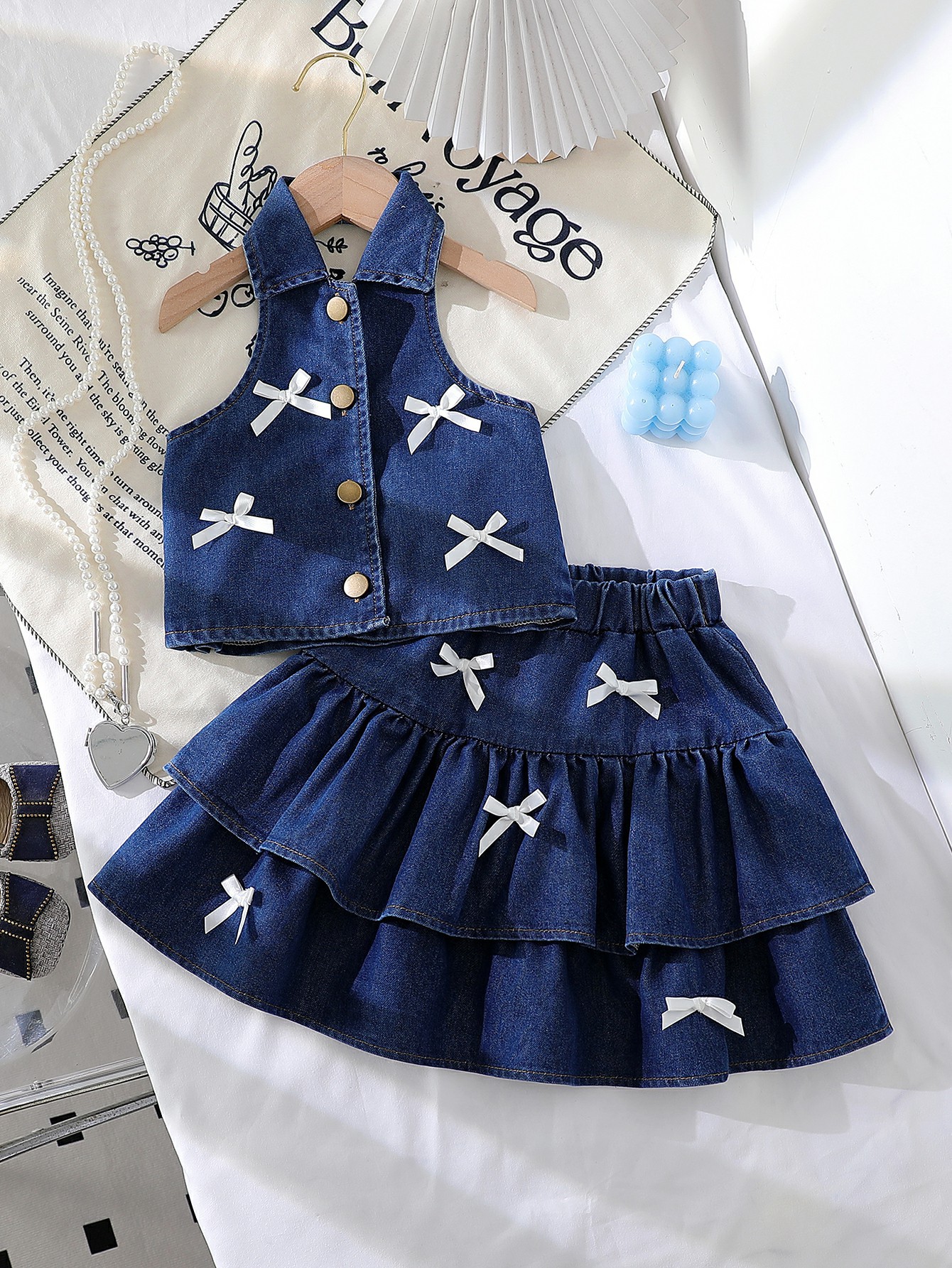 Girls Denim Vest + Skirt 2 Piece Set  Fashion Halter Neck Lapel Jean Vest with Bow Knot High Waist Short Skirt Outfit for Kids Casual Party Summer Girls Clothing Sets