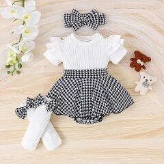 European and American Autumn Baby Clothing Sets  Girl's Flying Sleeves short Sleeves Hoodies Skirts Socks Headband Three piece set