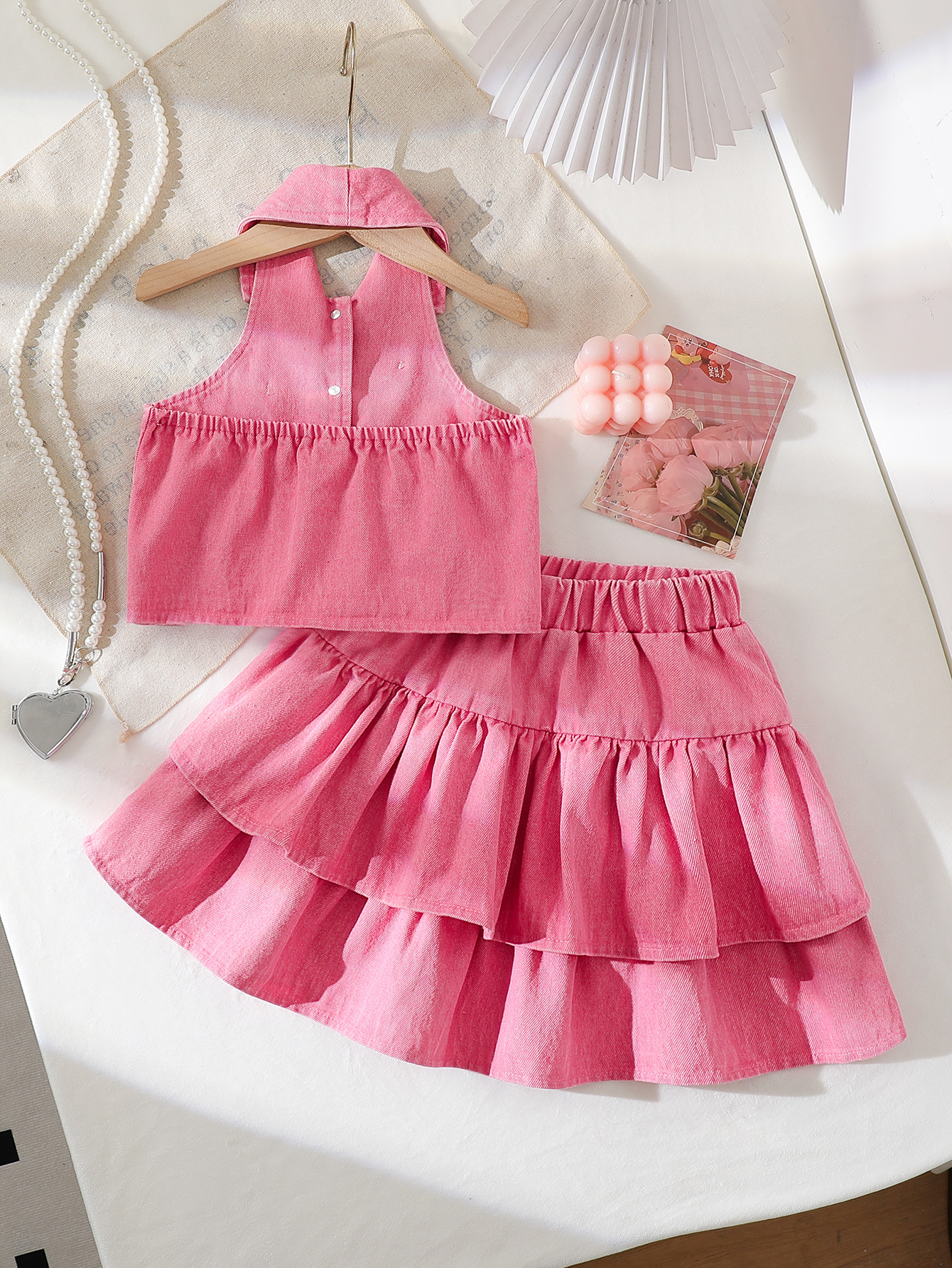 Girls Denim Vest + Skirt 2 Piece Set  Fashion Halter Neck Lapel Jean Vest with Bow Knot High Waist Short Skirt Outfit for Kids Casual Party Summer Girls Clothing Sets