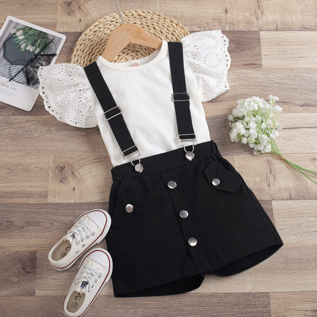 New Arrival Girls Dresses suit Summer Solid Lace Hollow Out Fly Sleeve Round Neck Top + Detachable Suspenders Shorts Skirt Set Kids Casual Outfit