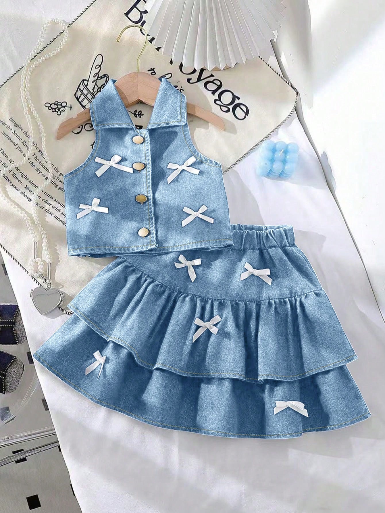 Girls Denim Vest + Skirt 2 Piece Set  Fashion Halter Neck Lapel Jean Vest with Bow Knot High Waist Short Skirt Outfit for Kids Casual Party Summer Girls Clothing Sets