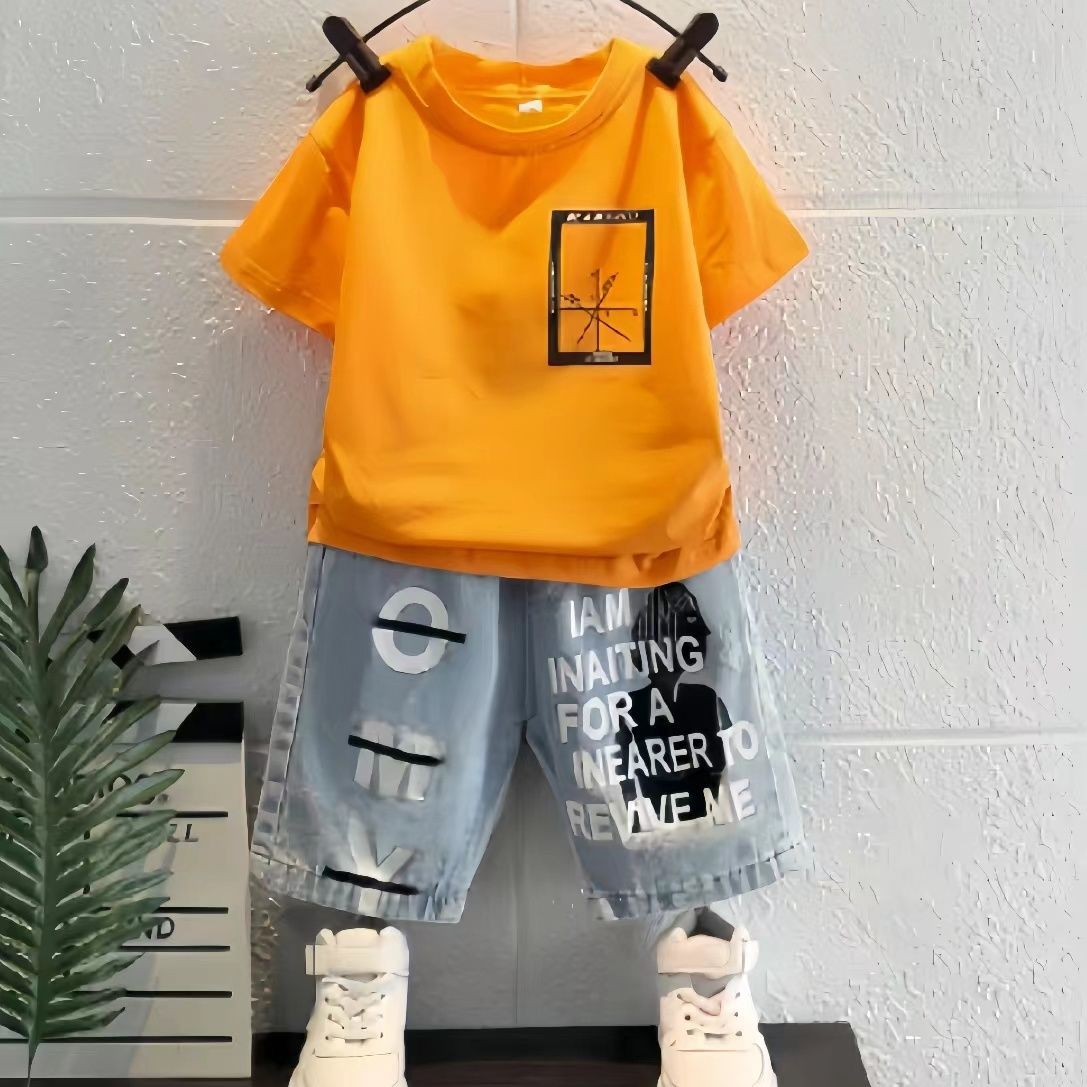 New Arrival Boys Summer 2Pcs Outfit Stylish Short Sleeve Top + Thin Denim Shorts Casual Handsome Kids Clothing Set