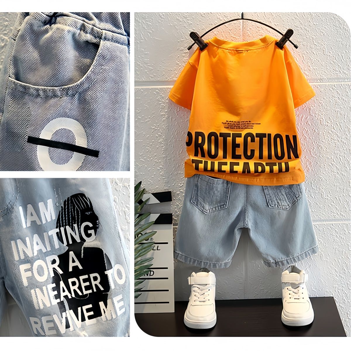 New Arrival Boys Summer 2Pcs Outfit Stylish Short Sleeve Top + Thin Denim Shorts Casual Handsome Kids Clothing Set
