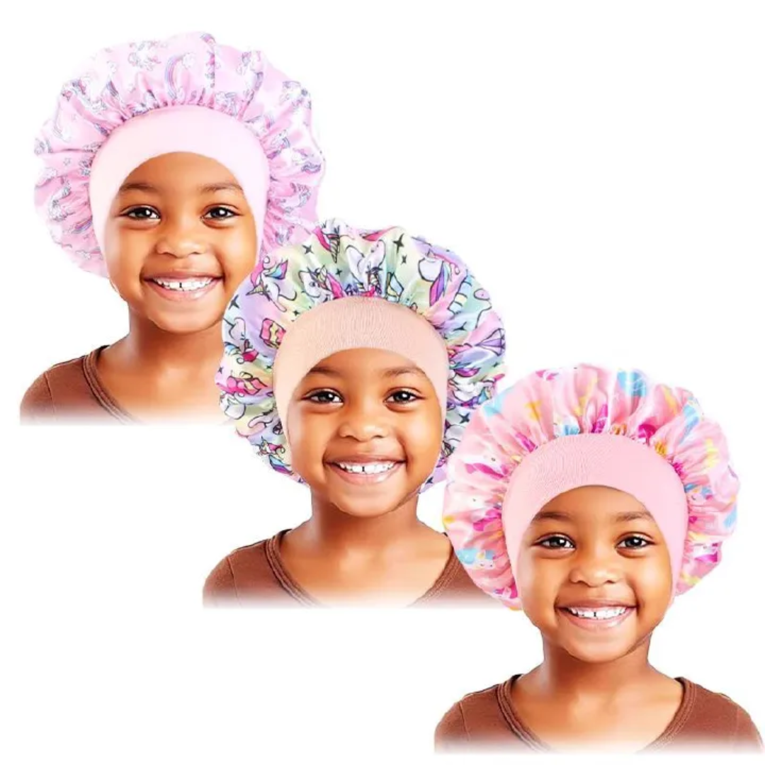 3PCS/ Baby Silky Satin Wide Band Bonnet Elastic Cute Headwear Kids Adjustable Hair Care Caps Nightcap Sleeping Hatm Hair Protection Bonnet for Braids, Natural Hair, Curls, Locs & Hairstyles