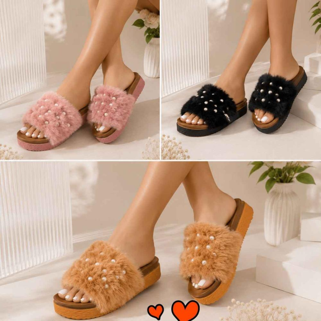 Women’s Fluffy Pearl Platform Slide Sandals – Open Toe Plush Fur Slippers with Pearl & Rhinestone Embellishments, Chunky Non-Slip Sole, Comfortable Casual Fashion Slides for Indoor & Outdoor Wear