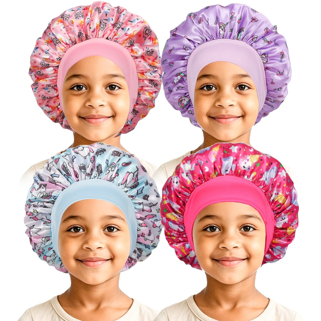 3PCS/ Baby Silky Satin Wide Band Bonnet Elastic Cute Headwear Kids Adjustable Hair Care Caps Nightcap Sleeping Hatm Hair Protection Bonnet for Braids, Natural Hair, Curls, Locs & Hairstyles