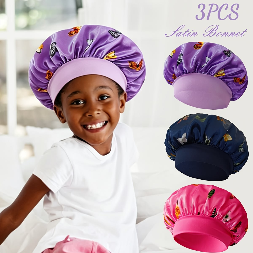 3PCS/ Baby Silky Satin Wide Band Bonnet Elastic Cute Headwear Kids Adjustable Hair Care Caps Nightcap Sleeping Hatm Hair Protection Bonnet for Braids, Natural Hair, Curls, Locs & Hairstyles