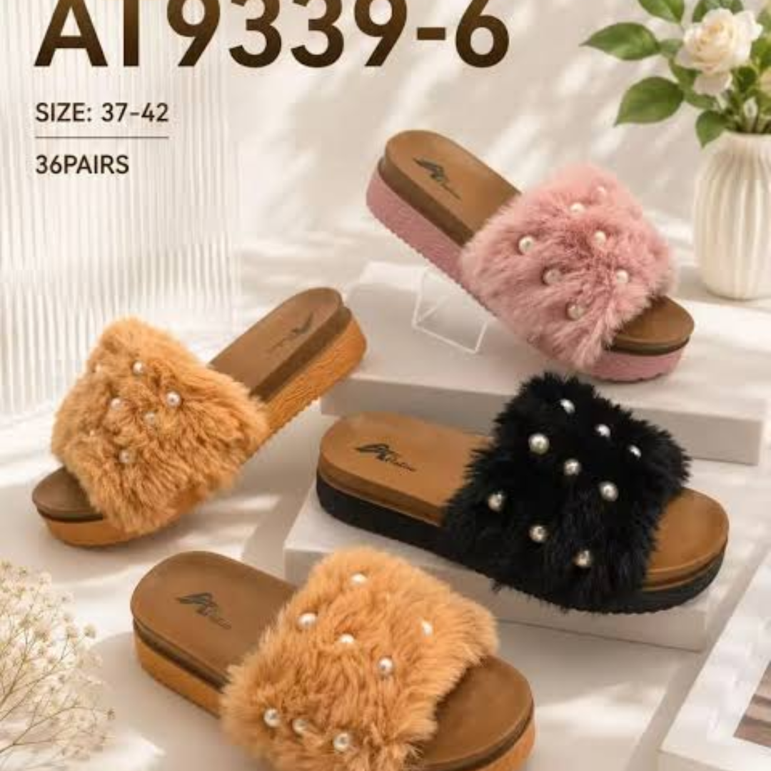 Women’s Fluffy Pearl Platform Slide Sandals – Open Toe Plush Fur Slippers with Pearl & Rhinestone Embellishments, Chunky Non-Slip Sole, Comfortable Casual Fashion Slides for Indoor & Outdoor Wear