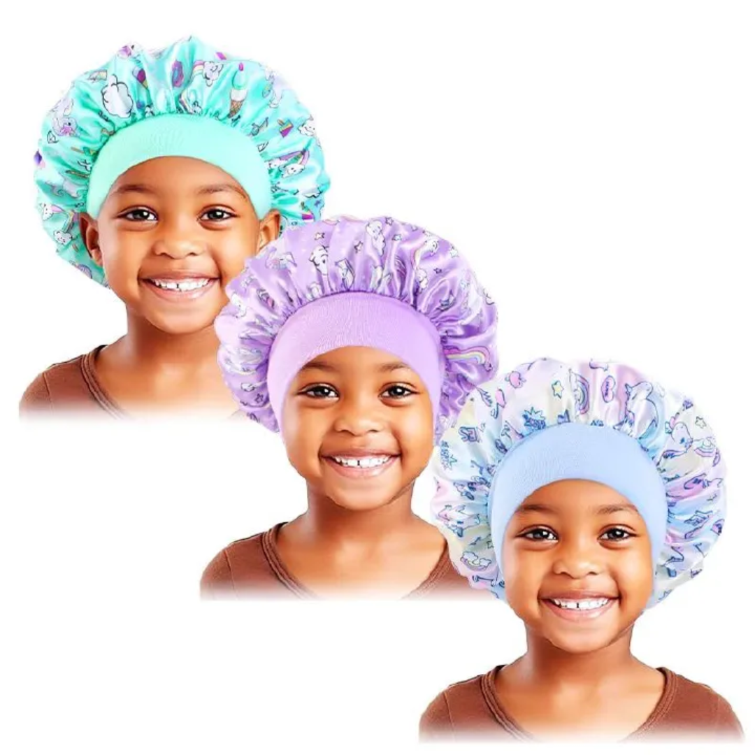 3PCS/ Baby Silky Satin Wide Band Bonnet Elastic Cute Headwear Kids Adjustable Hair Care Caps Nightcap Sleeping Hatm Hair Protection Bonnet for Braids, Natural Hair, Curls, Locs & Hairstyles
