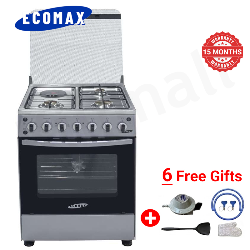ECOMAX 3 Gas + 1 Electric Burner 4 Burners Standing Gas Cooker LX-880U-3G1E 80L Oven with Constant Temperature Fan, Flame Out Protection, Soft Close Glass Door, Pulse Ignition, Jet Valve, 60*60*86cm