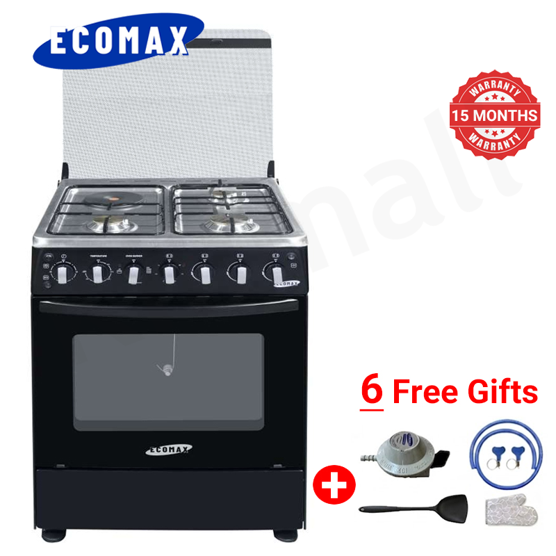 ECOMAX 3 Gas + 1 Electric Burner 4 Burners Standing Gas Cooker LX-880U-3G1E 80L Oven with Constant Temperature Fan, Flame Out Protection, Soft Close Glass Door, Pulse Ignition, Jet Valve, 60*60*86cm