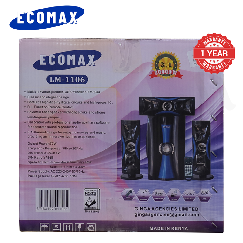 ECOMAX/MUSIMAX 3.1CH HI-FI Multimedia Bluetooth Woofer Home Audio System Speaker Systems Home Theater System Subwoofer with Remote Control 20000W USB SD FM DVD Input LM-1106