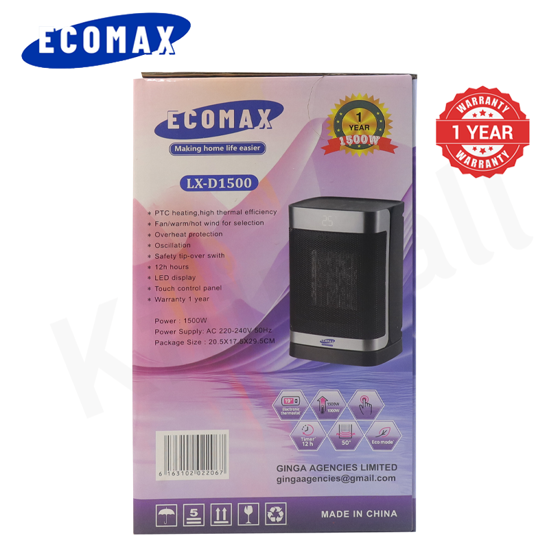 ECOMAX LX-D1500 1500W PTC Portable Space Fan Heater Room Heater Space Heater Oscillation LED Touch Display 12H Timer Overheat Tip-over Protection Energy Room Warmer