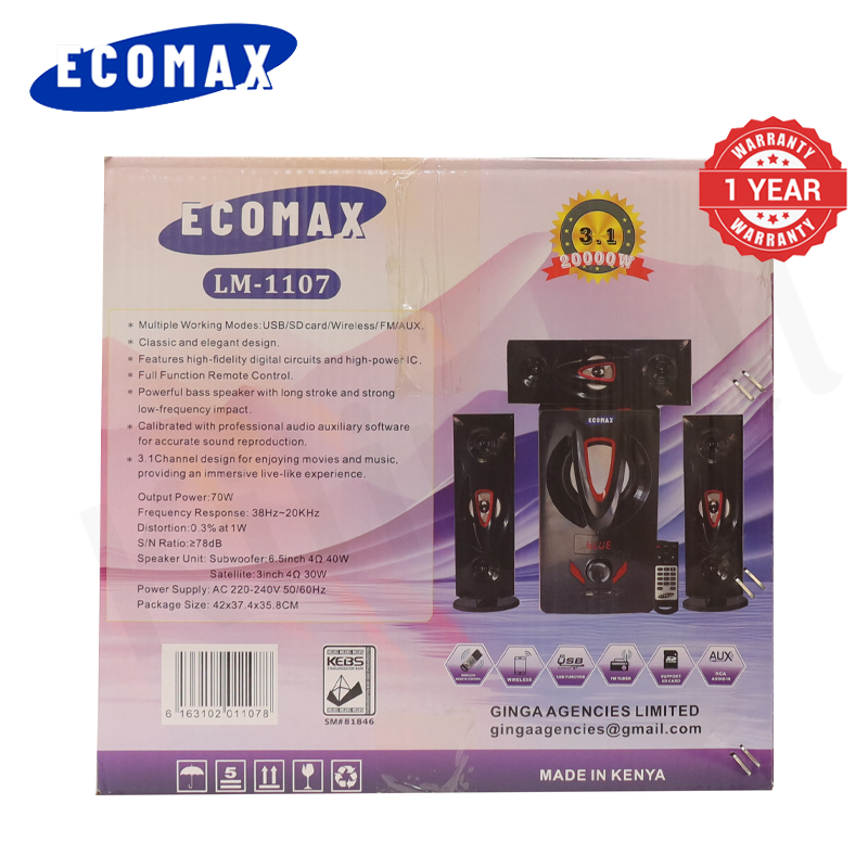 ECOMAX 3.1CH Multimedia Bluetooth Woofer LM-1107 Home Theater System Speaker Systems Subwoofer USB/SD/FM/DVD Input Home Audio System with Remote Control 3000W
