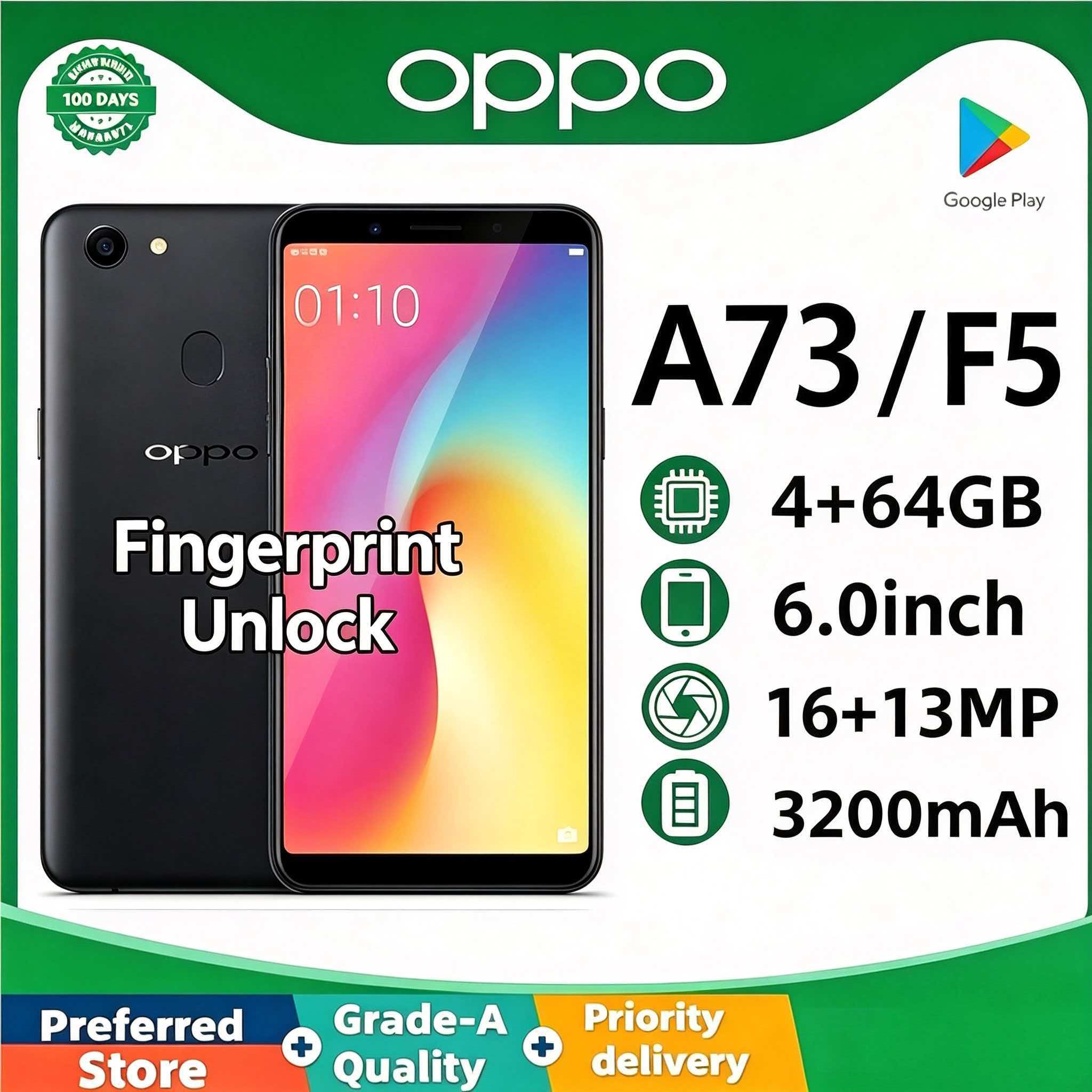Refurbished OPPO A73/F5 Smartphone 4GB+64GB, 6 Inch HD Full Screen, Rear-mounted fingerprint unlock,16MP Front Beauty Camera, Dual SIM Mobile Phone,Gaming & Live Streaming Phone,All Networks Supported